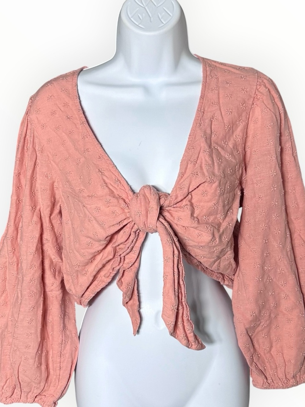 American Eagle dusty rose Tie Front Puff Sleeve Crop embroidered boho crop top